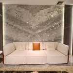 White Plush & Striped Fabric Sofa Set with Leather Panel Craftsmanship, Gold Stainless Steel Button Details & Curved Wooden Frames